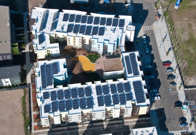 Aerial with solar panels on the roof at Ironhorse at Central Station in Oakland, California.