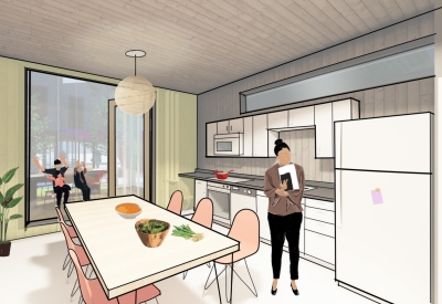 Rendering of the community kitchen for  More-Plex, a competition entry for kit-of-parts collaborative housing.