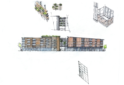 Sketch of the west elevation of La Valentina Station in Sacramento, Ca.