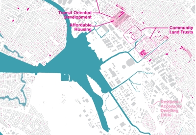 Aerial rendering by the All Bay Collective of Estuary Commons in San Leandro, Ca.