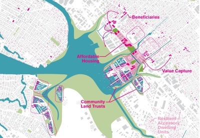 Aerial rendering by the All Bay Collective of Estuary Commons in San Leandro, Ca.