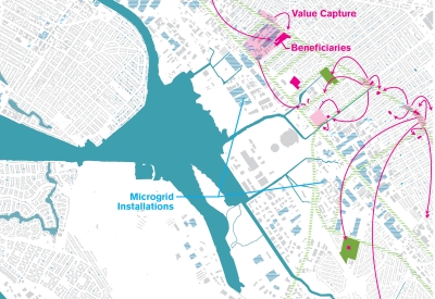 Aerial rendering by the All Bay Collective of Estuary Commons in San Leandro, Ca.