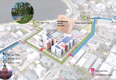 Walkability Diagram for Lakeside Senior Housing in Oakland, Ca.