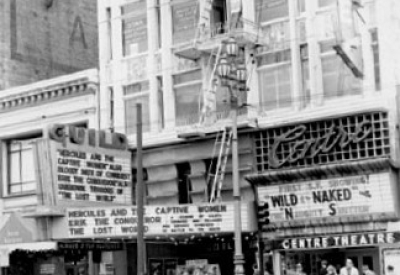 Historic blank and white photo of the site before Huckleberry Bicycles in San Francisco.