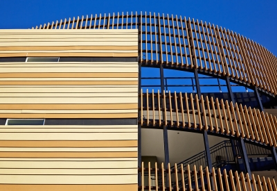 Exterior detail of the rainscreen at La Valentina Station in Sacramento, Ca.