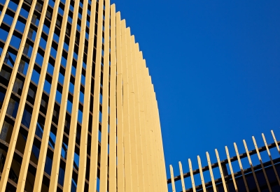 Exterior detail of the stair screen at La Valentina Station in Sacramento, Ca.