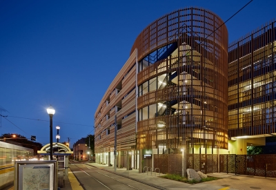 Exterior view in the evening of La Valentina Station in Sacramento, Ca.