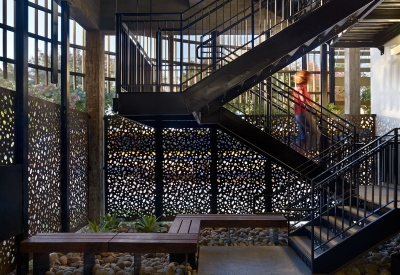 View of the open-air stairs at La Valentina Station in Sacramento, Ca.