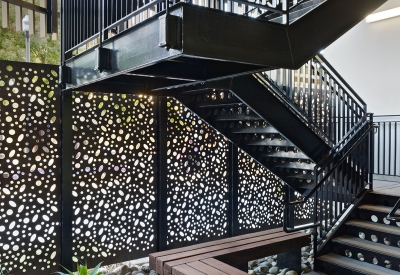 View of the open-air stairs at La Valentina Station in Sacramento, Ca.