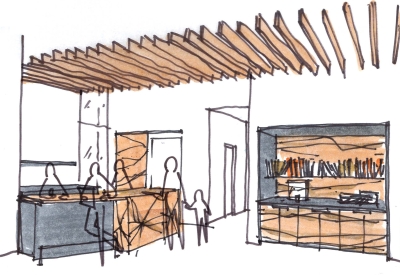 Lobby concept sketch for Harmon Guest House in Healdsburg, Ca.