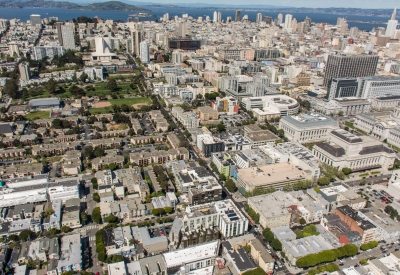 Aerial view of 300 Ivy and 388 Fulton in San Francisco, CA.