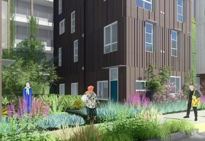 Rendering of pedestrian mews for Midway Village Phase 1 in Daly City, Ca.