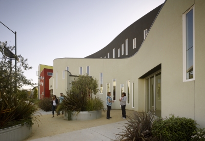 Entry plaza to apartment building at Tassafaronga Village in East Oakland, CA. 