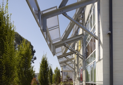 Entrance of supportive housing units at Tassafaronga Village in East Oakland, CA. 