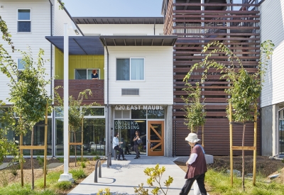 Exterior view of Onizuka Crossing Family Housing in Sunnyvale, California.
