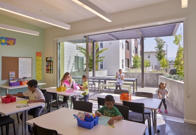 Community room at Onizuka Crossing Family Housing in Sunnyvale, California.