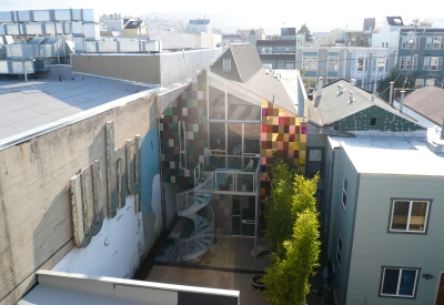 Colorful mosaics facade on the back of the building at Shotwell Design Lab in San Francisco.