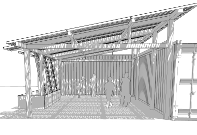 Rendering of the open entrance to Farm2Market Shade Trellis in Alameda, California.