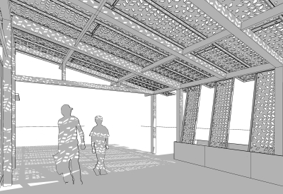 Rendering of the inside of Farm2Market Shade Trellis in Alameda, California.