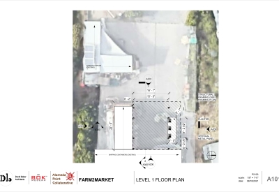 Plan with measurements for Farm2Market Shade Trellis in Alameda, California.