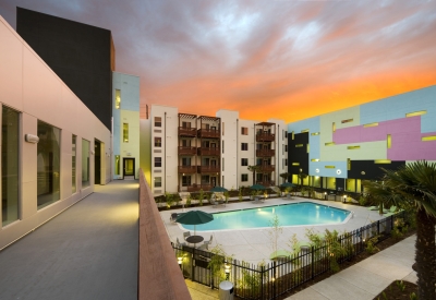 View of the pool at dusk at Paseo Senter in San Jose, California.