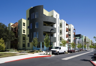 View of the curved entry bay at Paseo Senter in San Jose, California.