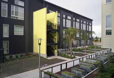 Pedestrian mews along the north side of Pacific Cannery Lofts in Oakland, California.