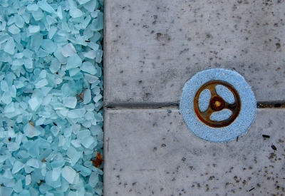 Detail of the courtyard pavement at Pacific Cannery Lofts in Oakland, California.