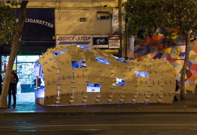 DBA's installation, PeepSHOW, for the Market Street Prototyping Festival in San Francisco at dusk..