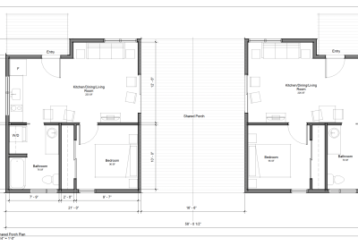 Floor plan for the adjoined tiny homes at Union Village in Talladega, Alabama.