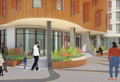 Rendering of the plaza at Africatown Plaza in Seattle, Washington.