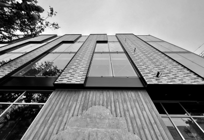 Black and white detail image looking up a the construction of Brady Block in San Francsico.