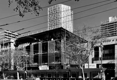 Black and white image during the construction of Local 38 Plumbers Union Hall in San Francisco. 