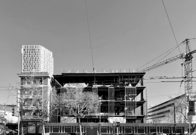 Black and white image during the construction of Local 38 Plumbers Union Hall in San Francisco. 