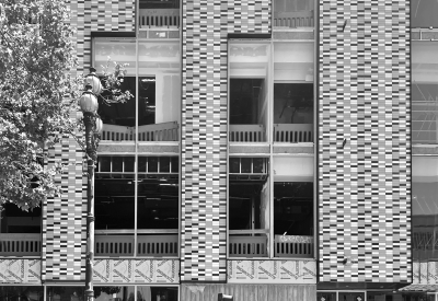 Black and white image during the construction of Local 38 Plumbers Union Hall in San Francisco. 