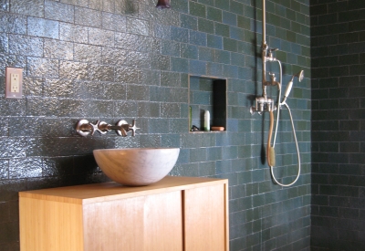 Open concept shower and bathroom sink at Redstone Cabin in Redstone Colorado.