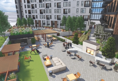 Exterior rendering of the residential patio with seating and fire pits at Union Brick in Nashville, Tennessee.