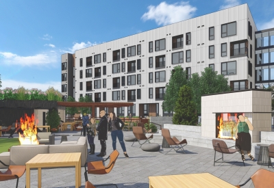 Exterior rendering of the residential patio with seating and fire pits at Union Brick in Nashville, Tennessee.