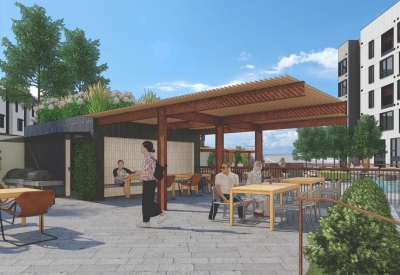 Exterior rendering of the seating area by the pool at Union Brick in Nashville, Tennessee.