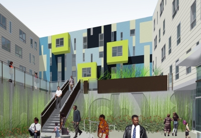 Rendered courtyard at Armstrong Place Senior in San Francisco.