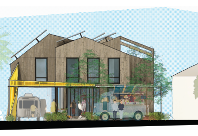 Rendering of street elevation for  More-Plex, a competition entry for kit-of-parts collaborative housing.