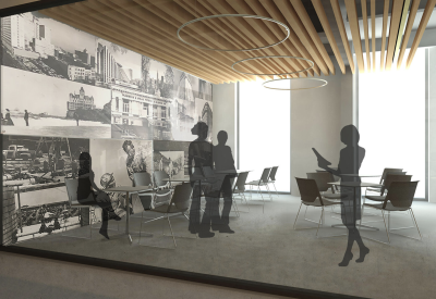 Interior rendering of an open seating and meeting area for Local 38 Plumbers Union Hall in San Francisco. 