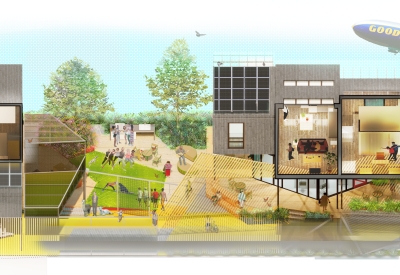 Rendering of the section for  More-Plex, a competition entry for kit-of-parts collaborative housing.