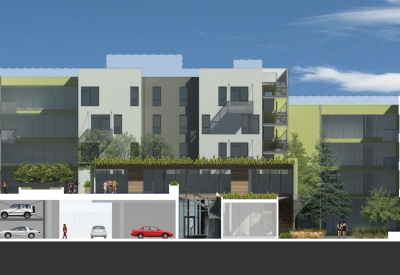 Rendered street view of Five88 in San Francisco from the east west.