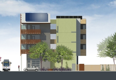 South elevation rendering of La Valentina Station in Sacramento, Ca.