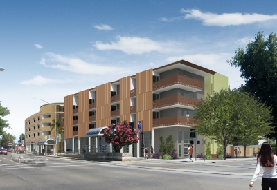 Exterior rendering of La Valentina Station in Sacramento, Ca.