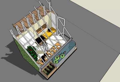 Rendering of Farm to Table a wooden farmstand-inspired mini-greenhouse playhouse.
