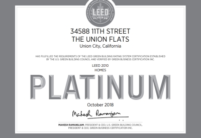 Leed platinum certification for Union Flats in Union City, Ca.