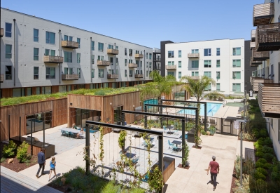 View of the courtyard in Union Flats in Union City, Ca.