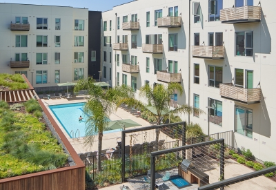 View of the courtyard and pool in Union Flats in Union City, Ca.